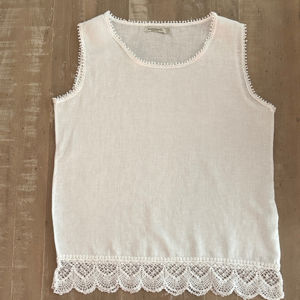 😊Lace-Trim White Linen Camisole Tank Top